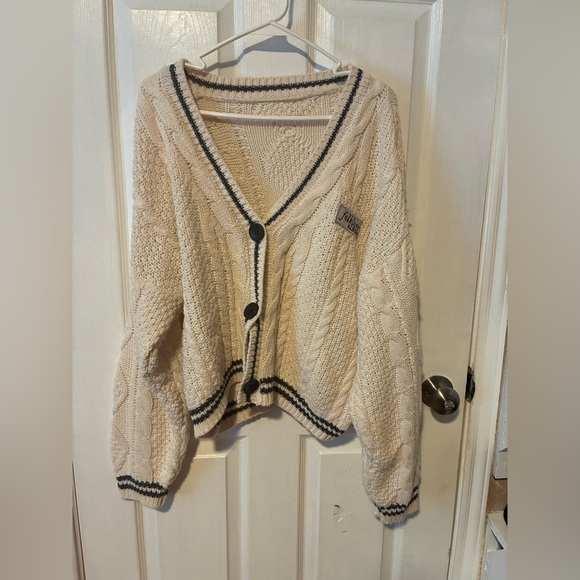 Taylor Swift Sweaters - Chunky Cream Cable Knit Cardigan with Contrast Trim